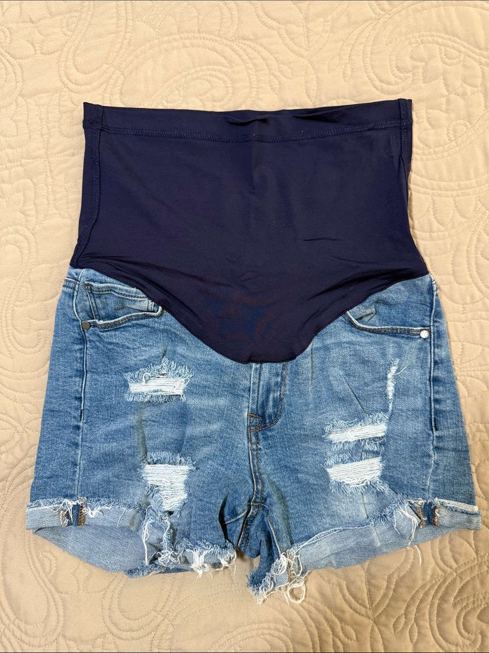 Pinkblush Navy & Light Blue Maternity High-Waist Distressed Denim Shorts